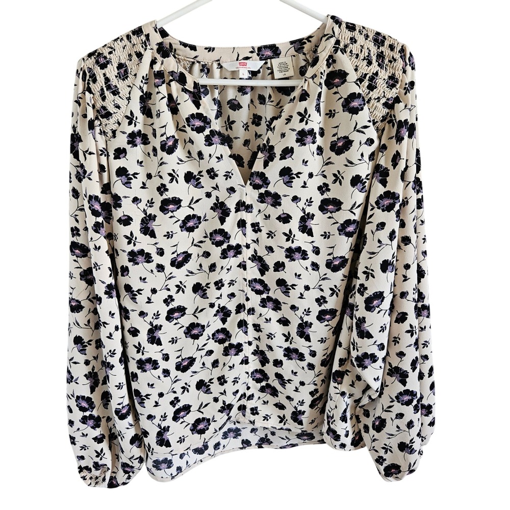 Levis Womens Floral Split Neck Blouse Cream Black Purple Smocked Shoulder Large
